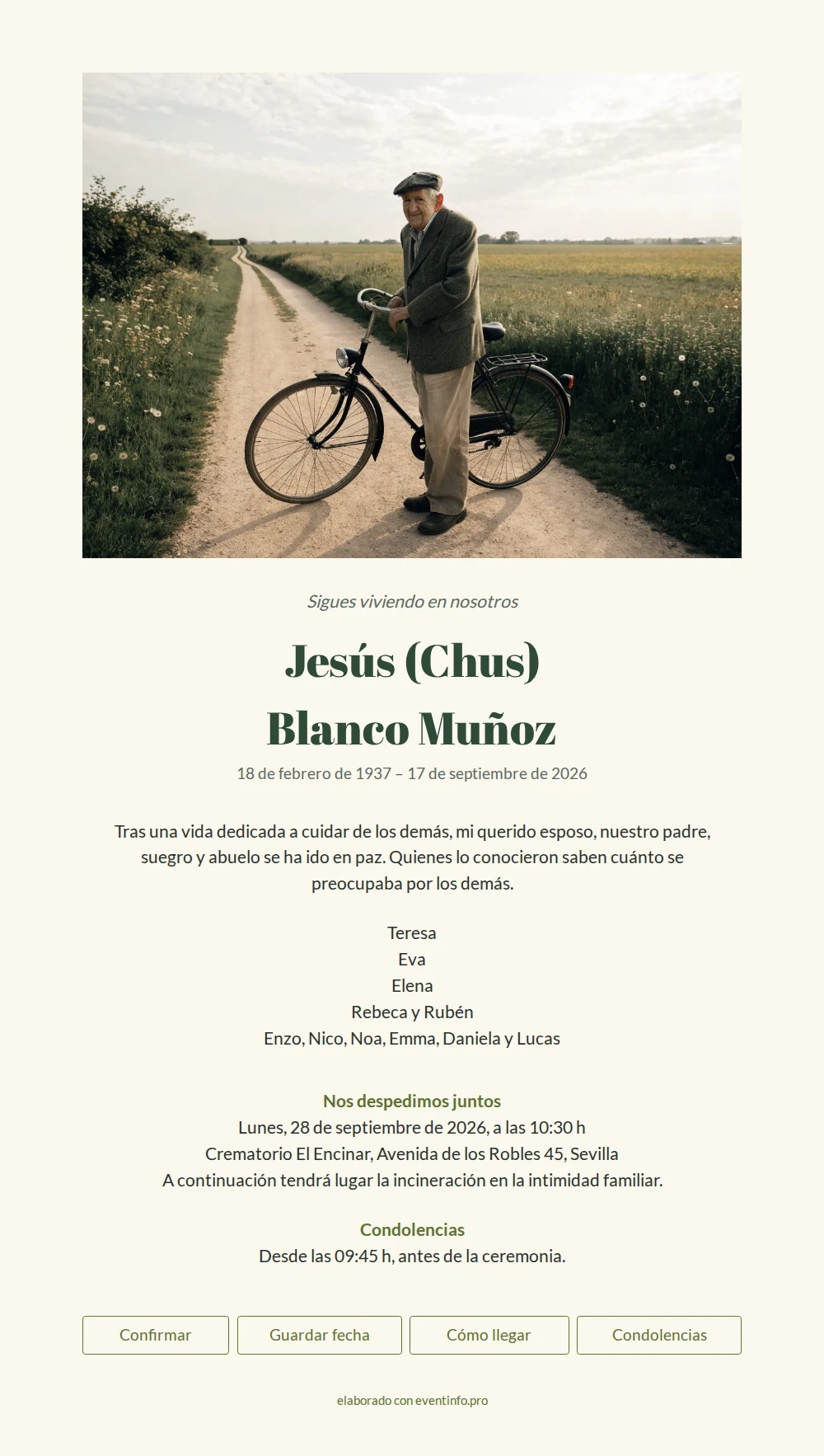 Esquela crema con foto y nombre verde &ndash; example 1