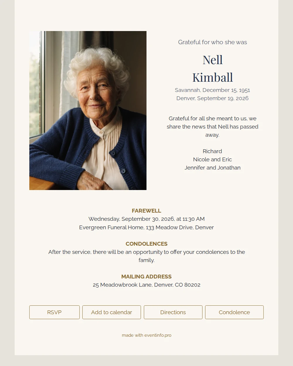 Taupe funeral card with side portrait &ndash; example 1