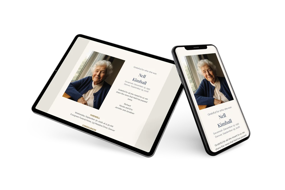 Taupe funeral card with side portrait &ndash; example 2
