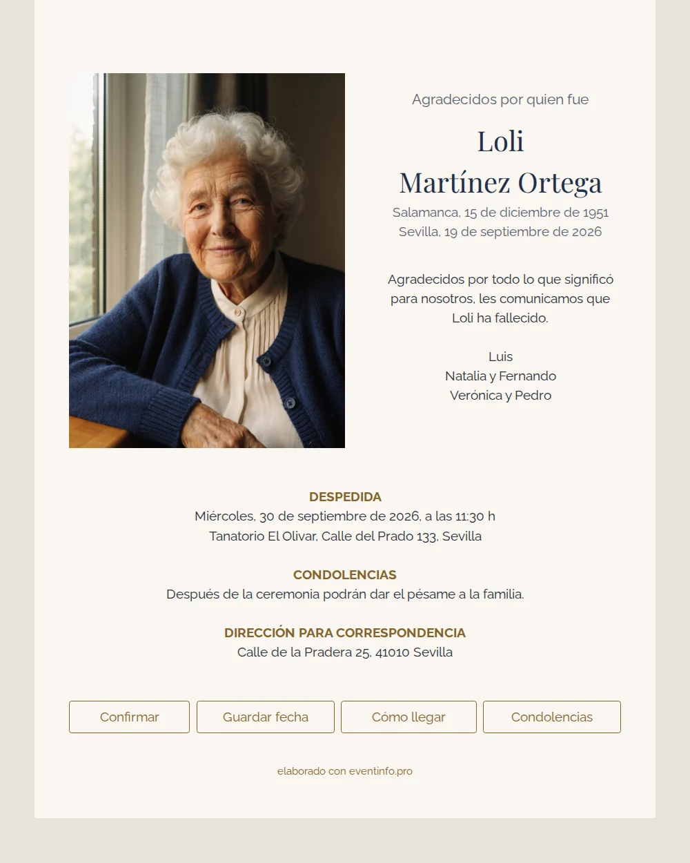 Esquela en taupe con retrato lateral &ndash; example 1