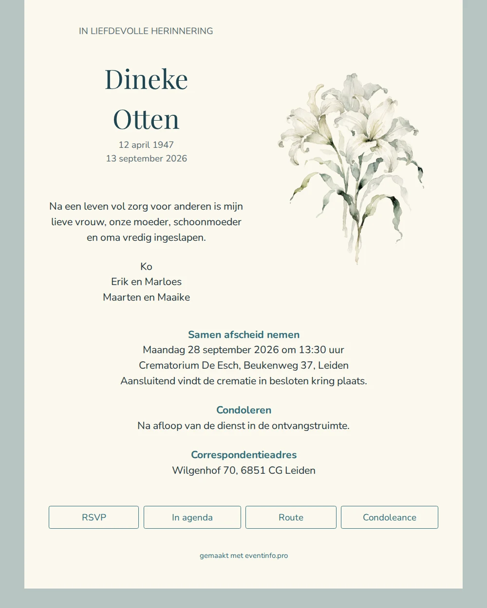 Ivoren rouwkaart met witte lelies &ndash; example 1