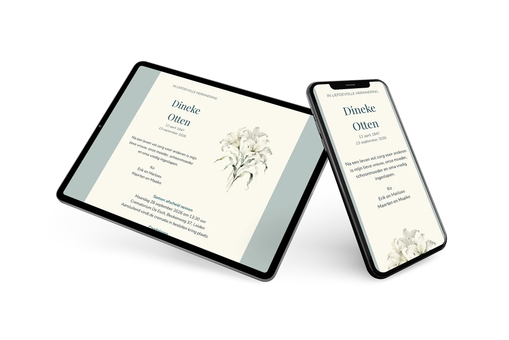 Ivoren rouwkaart met witte lelies &ndash; example 2