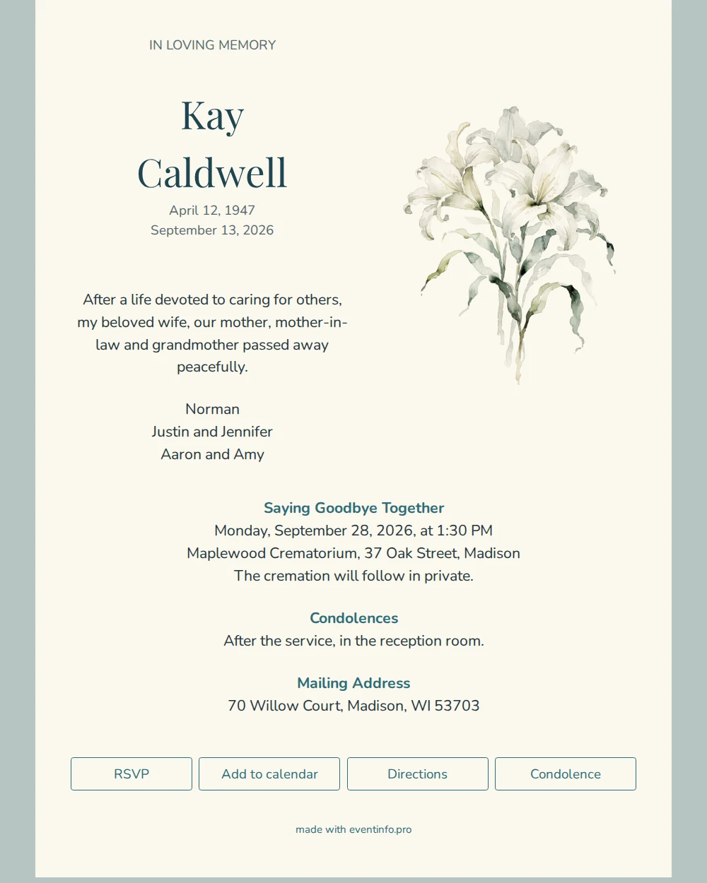 Ivory funeral card with watercolour lilies &ndash; example 1