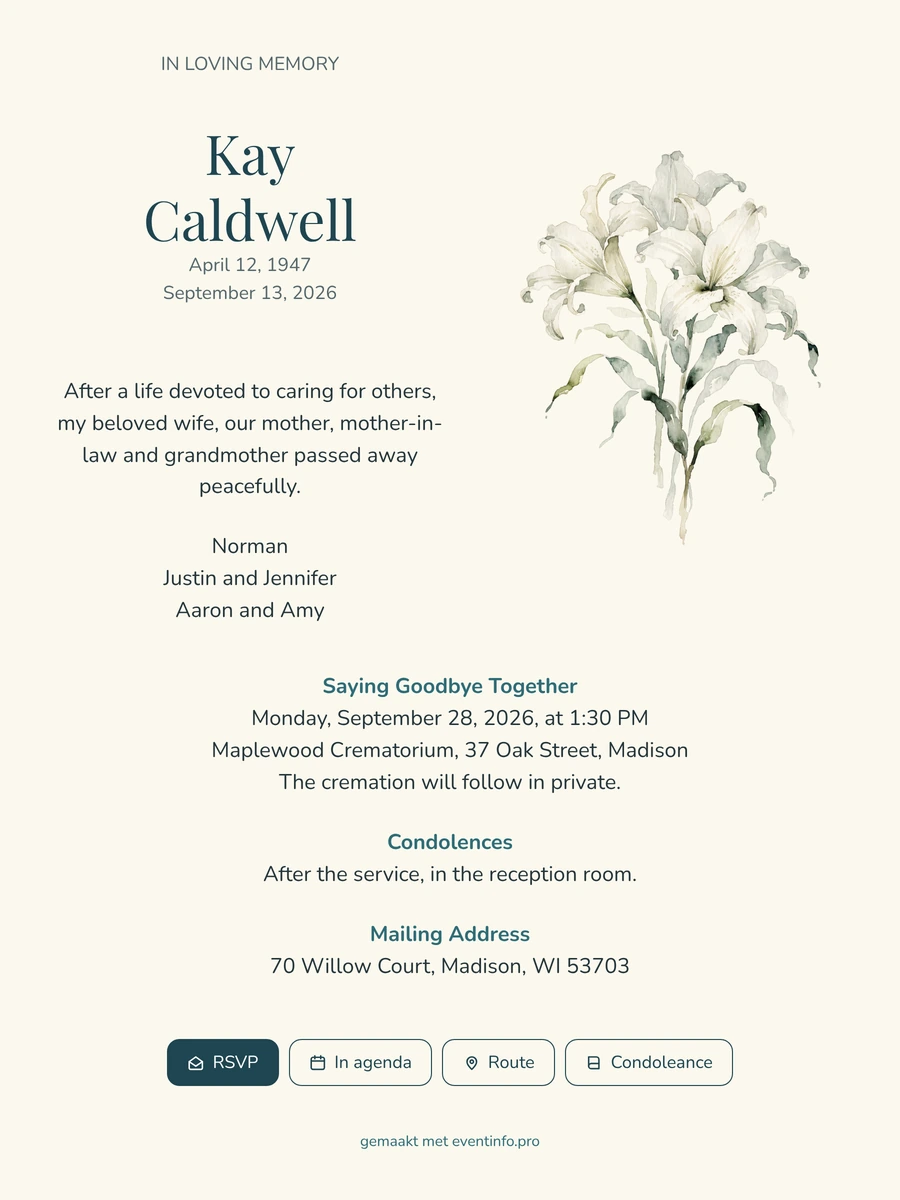 Ivory funeral card with watercolour lilies