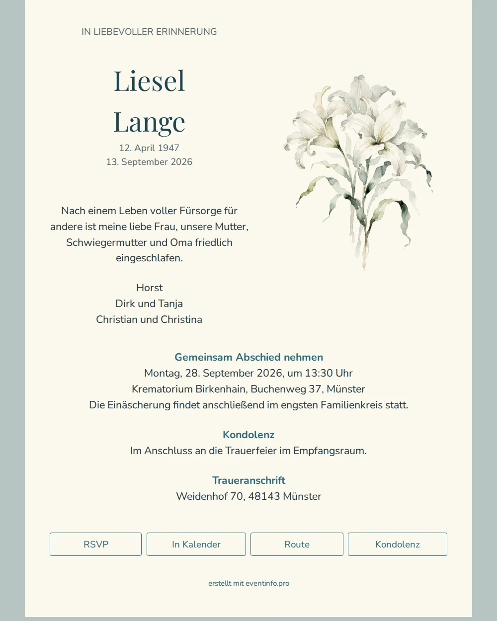 Elfenbeinfarbene Trauerkarte mit Lilien &ndash; example 1