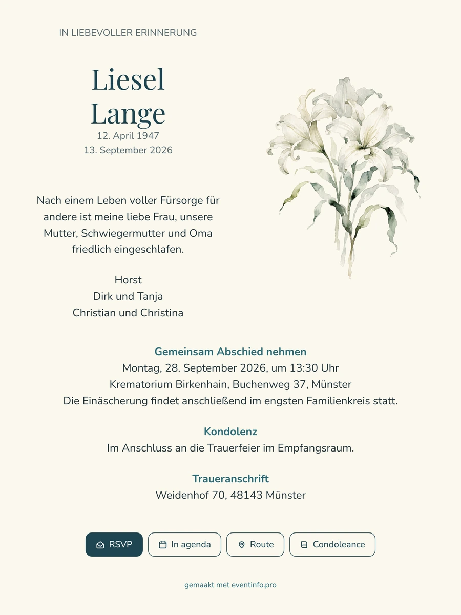 Elfenbeinfarbene Trauerkarte mit Lilien