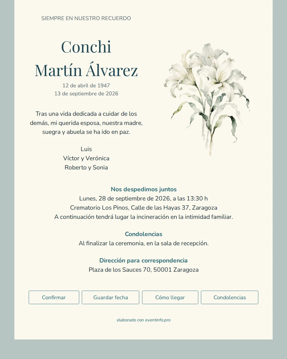 Esquela marfil con azucenas en acuarela &ndash; example 1