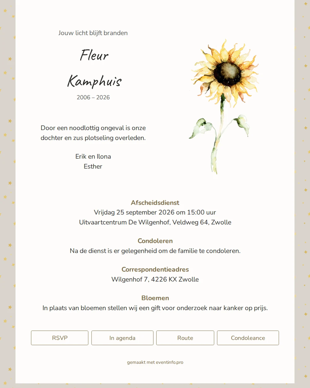 Rouwkaart met zonnebloem en gouden sterren &ndash; example 1