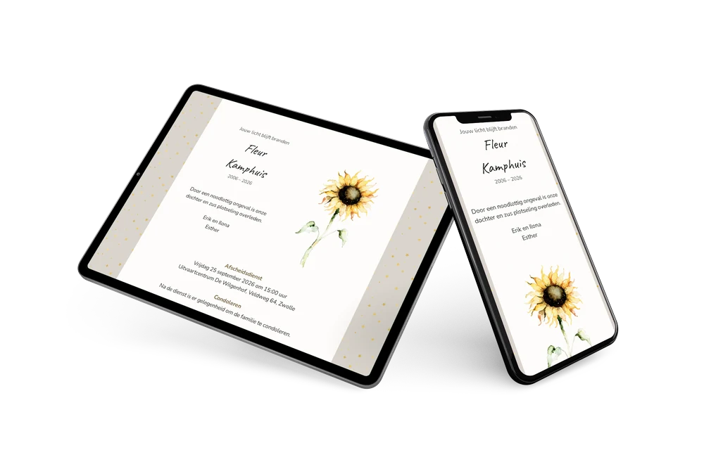 Rouwkaart met zonnebloem en gouden sterren &ndash; example 2