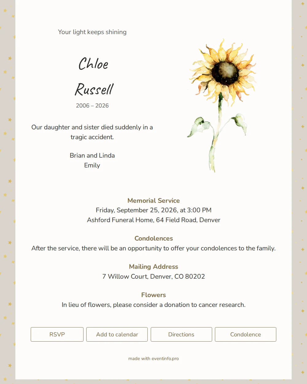 Funeral card with sunflower and golden stars &ndash; example 1