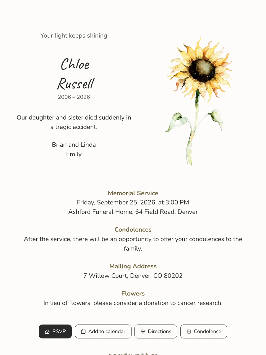 Funeral card with sunflower and golden stars