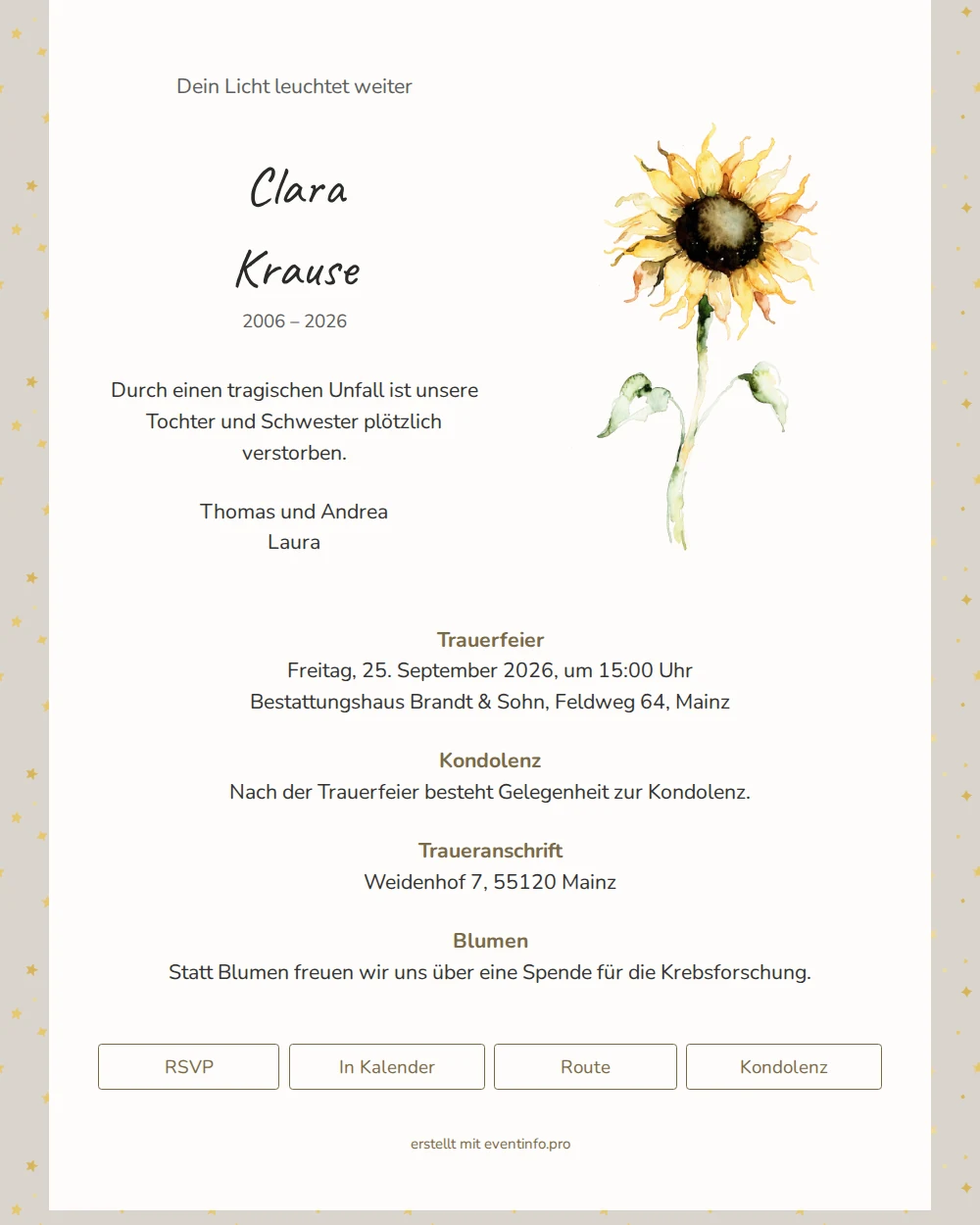 Trauerkarte mit Sonnenblume und Goldsternen &ndash; example 1