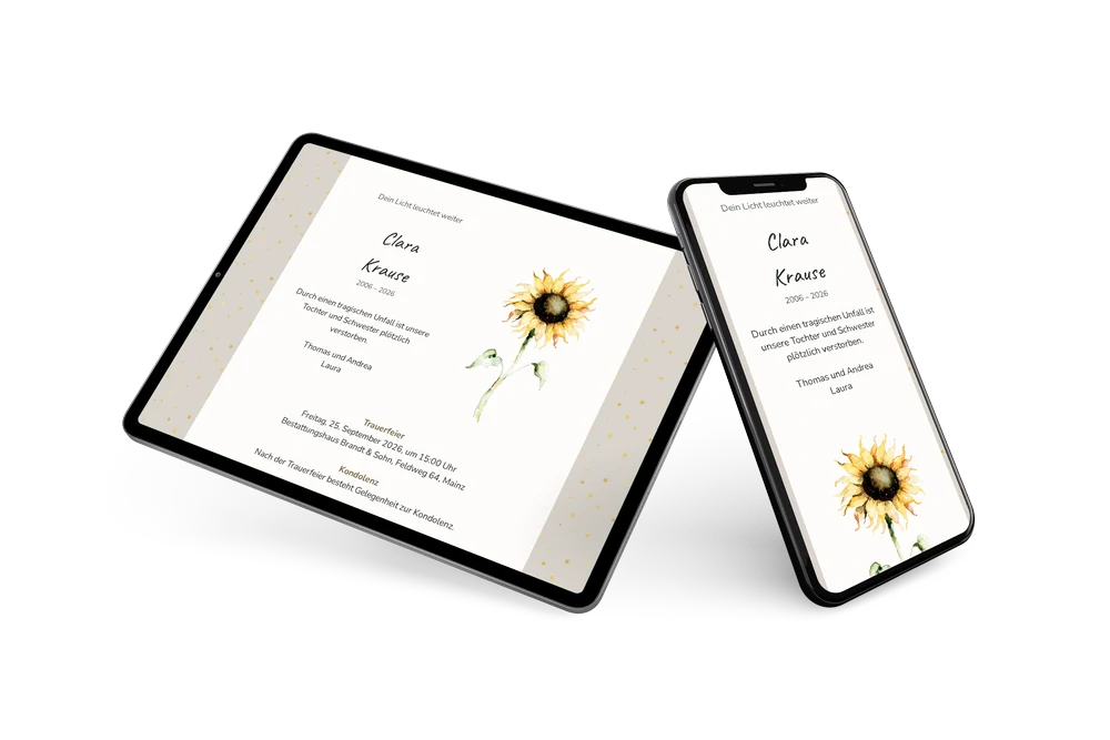 Trauerkarte mit Sonnenblume und Goldsternen &ndash; example 2