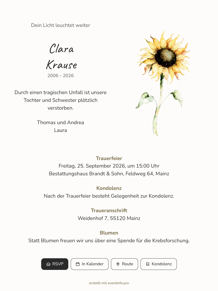 Trauerkarte mit Sonnenblume und Goldsternen