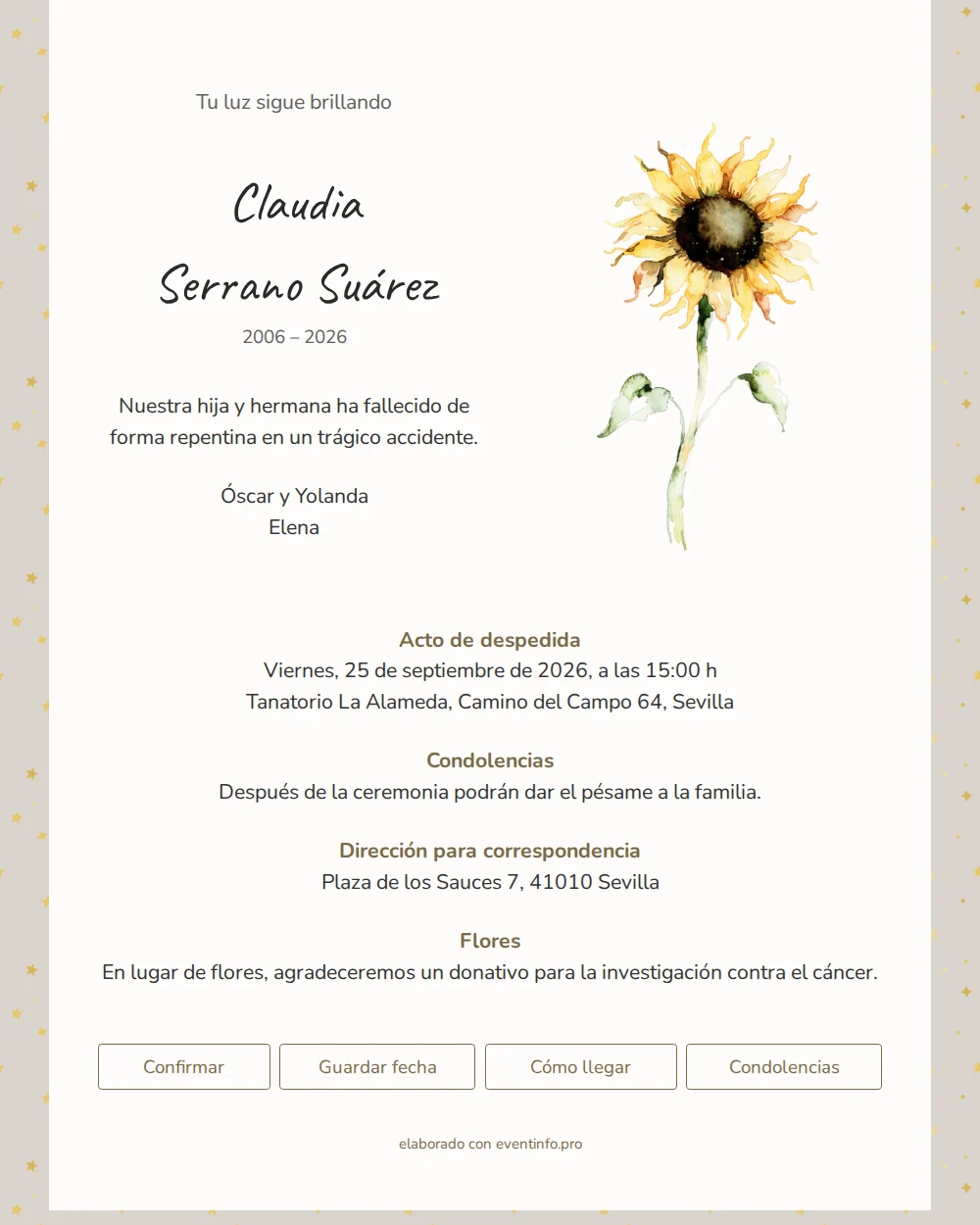 Esquela con girasol y estrellas doradas &ndash; example 1