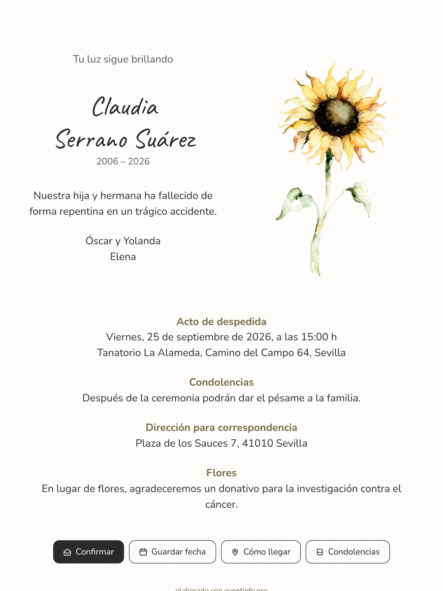 Esquela con girasol y estrellas doradas