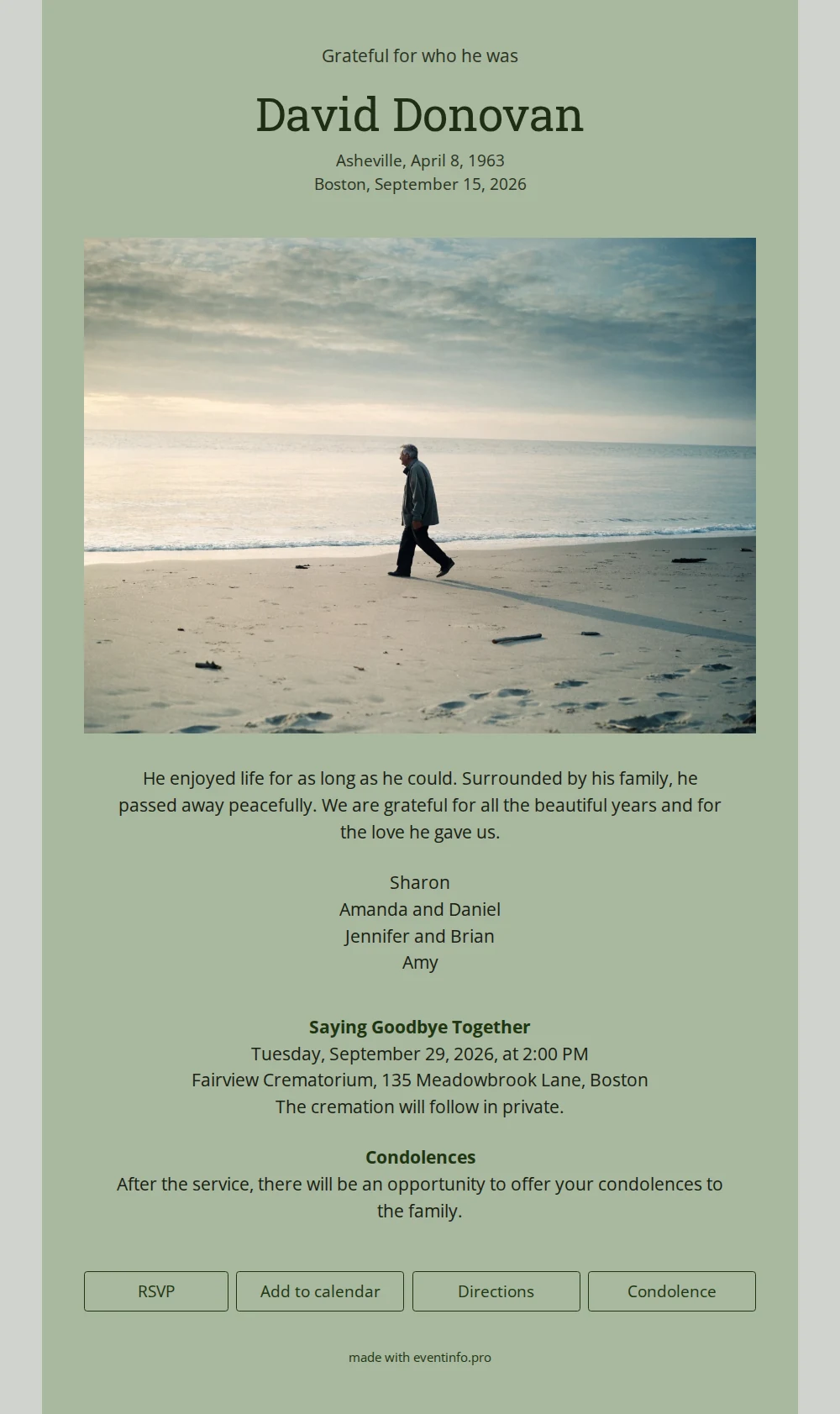 Sage online funeral card with beach photo &ndash; example 1