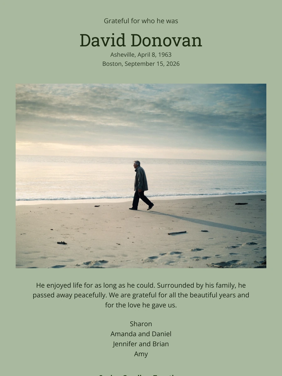 Sage online funeral card with beach photo