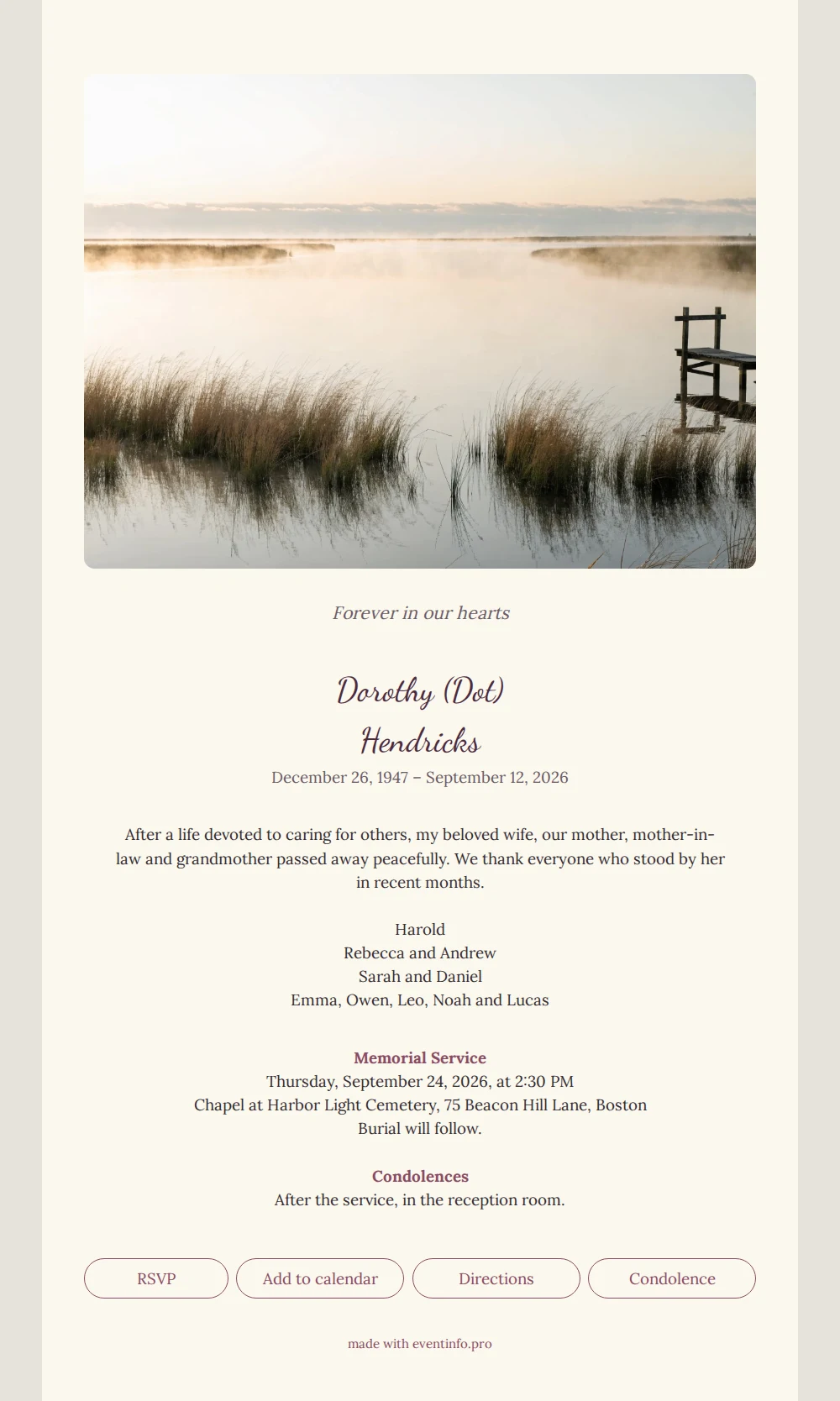 Lakeside jetty funeral card in cream &ndash; example 1