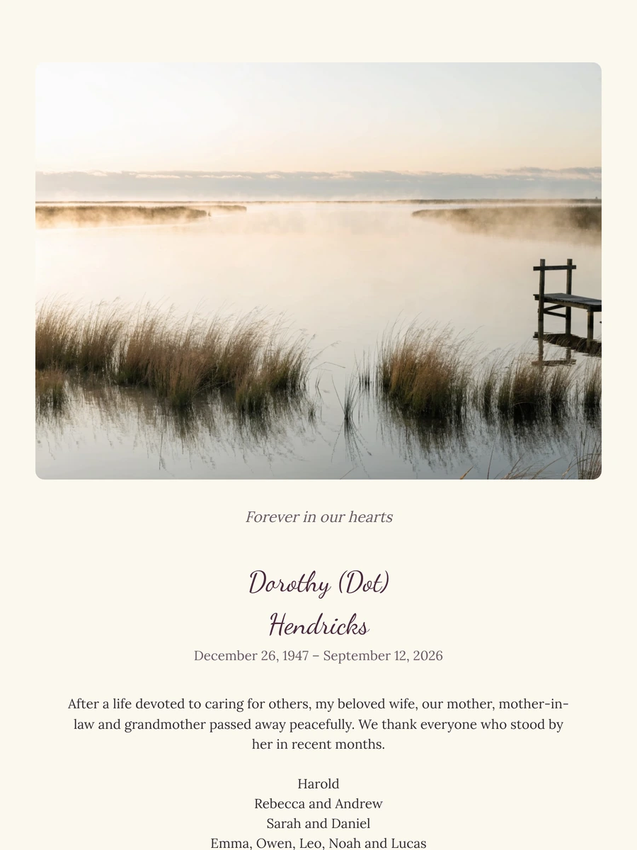 Lakeside jetty funeral card in cream