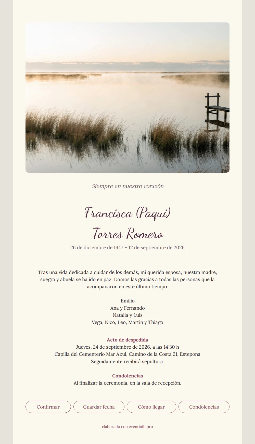 Esquela crema con embarcadero y neblina &ndash; example 1