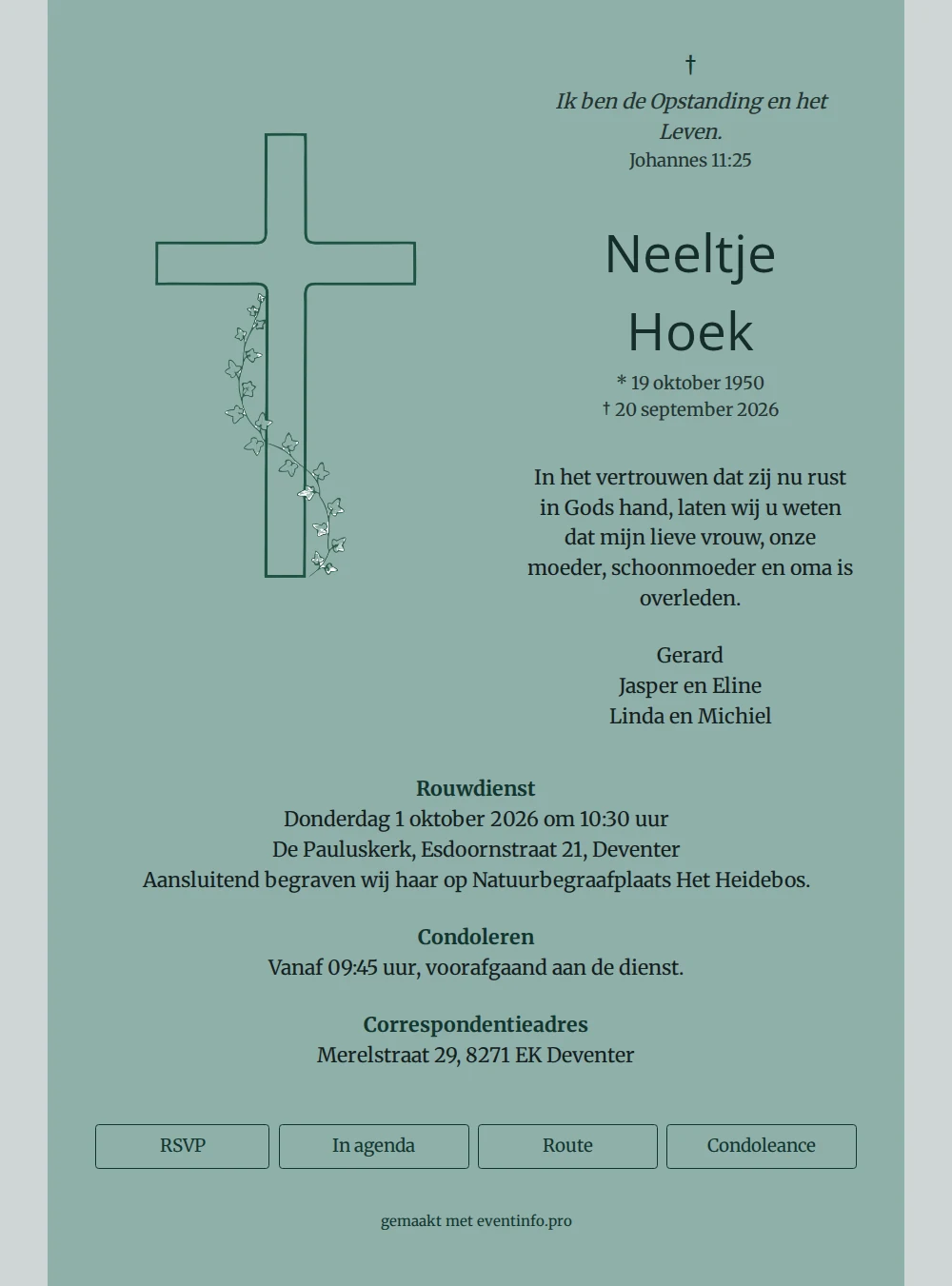 Rouwkaart met getekend kruis en klimop &ndash; example 1