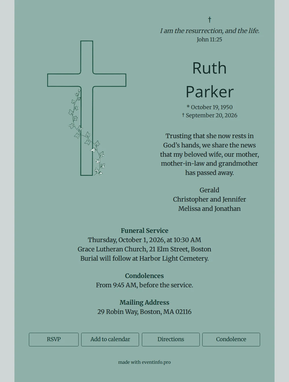 Line-drawn cross funeral card with ivy &ndash; example 1