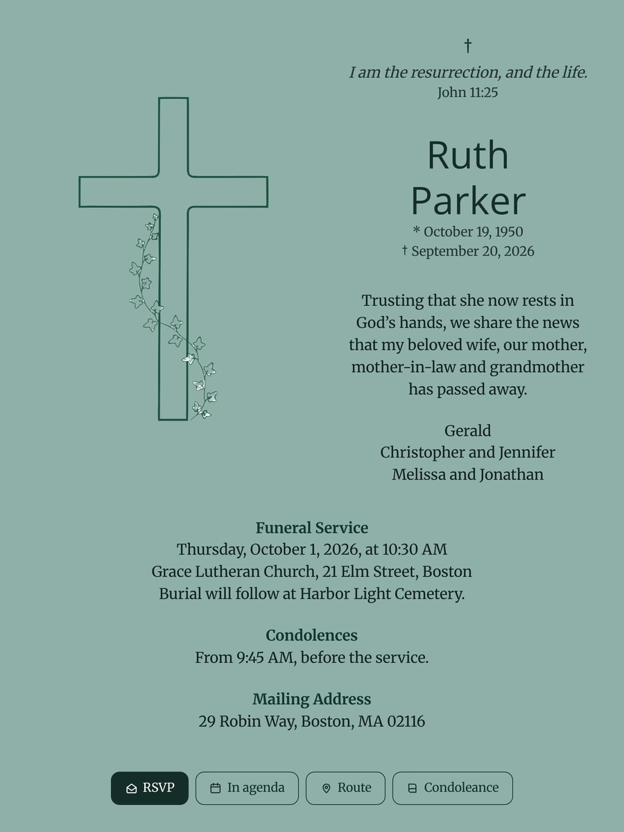 Line-drawn cross funeral card with ivy
