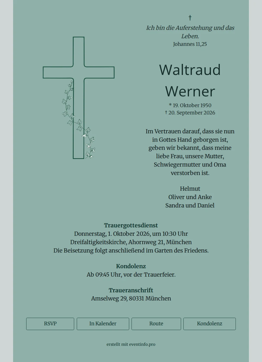 Trauerkarte mit gezeichnetem Kreuz und Efeu &ndash; example 1
