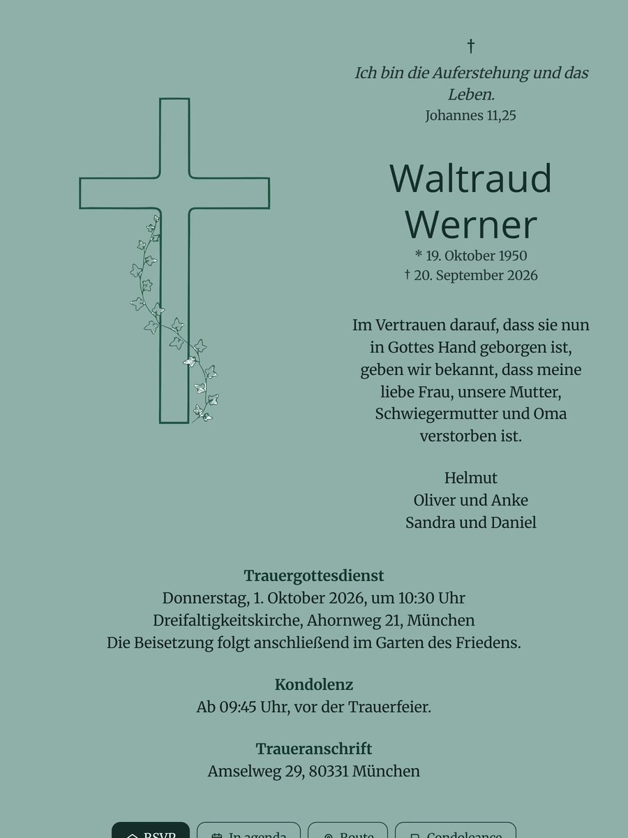 Trauerkarte mit gezeichnetem Kreuz und Efeu