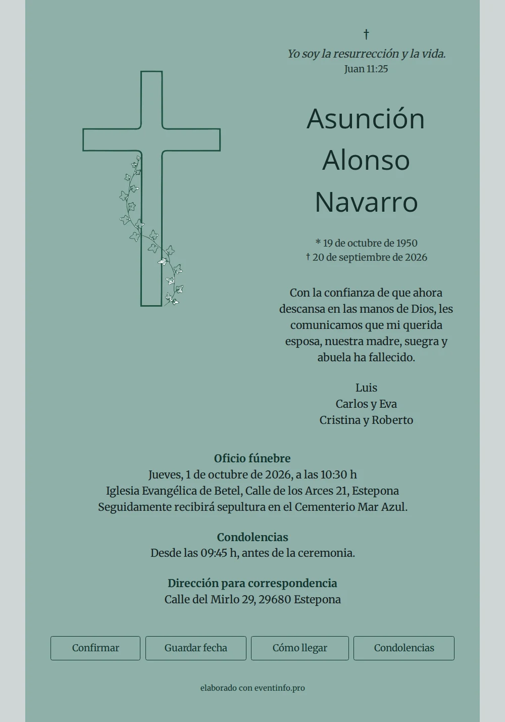 Esquela con cruz dibujada y hiedra &ndash; example 1