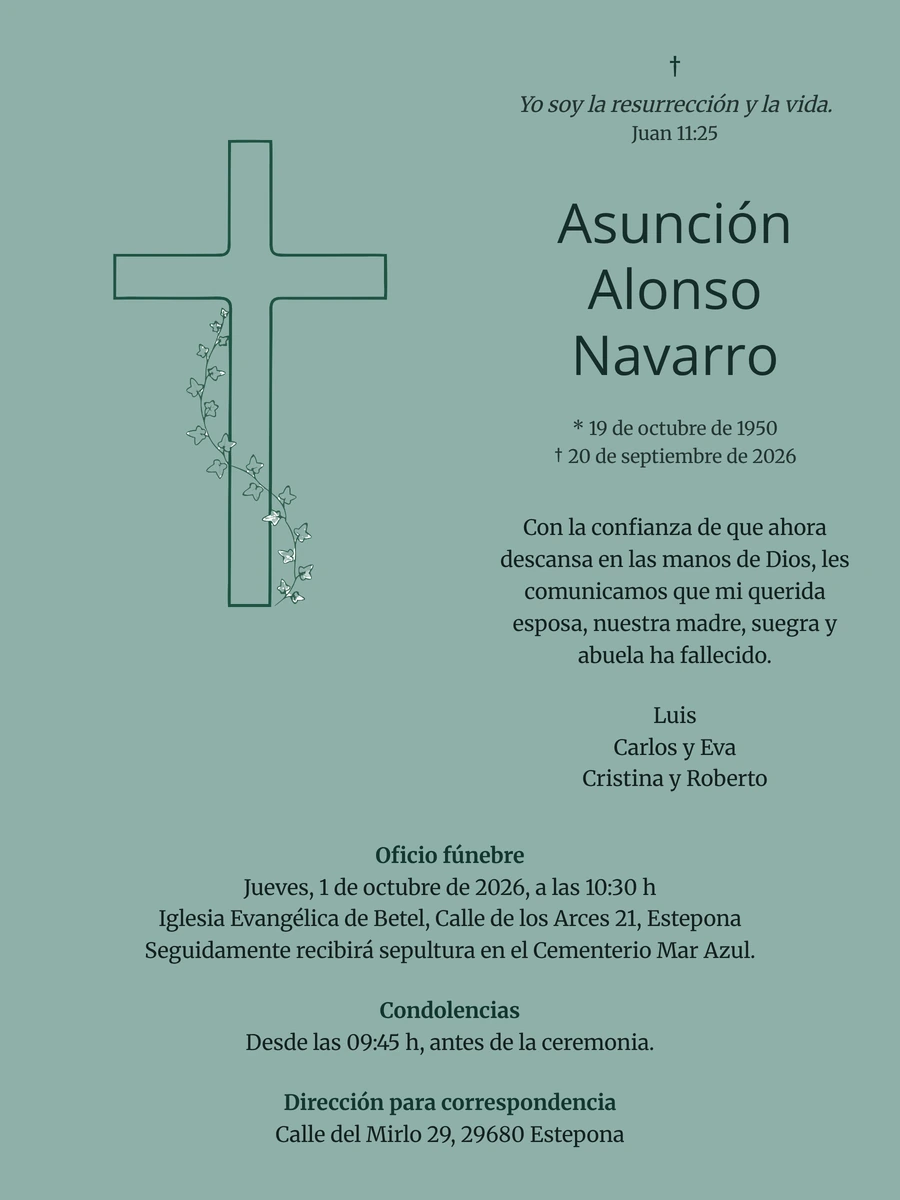 Esquela con cruz dibujada y hiedra