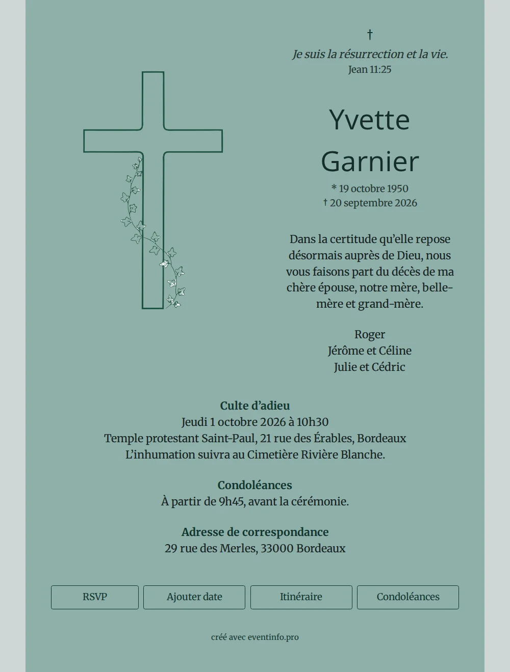 Faire-part avec croix dessinée et lierre &ndash; example 1