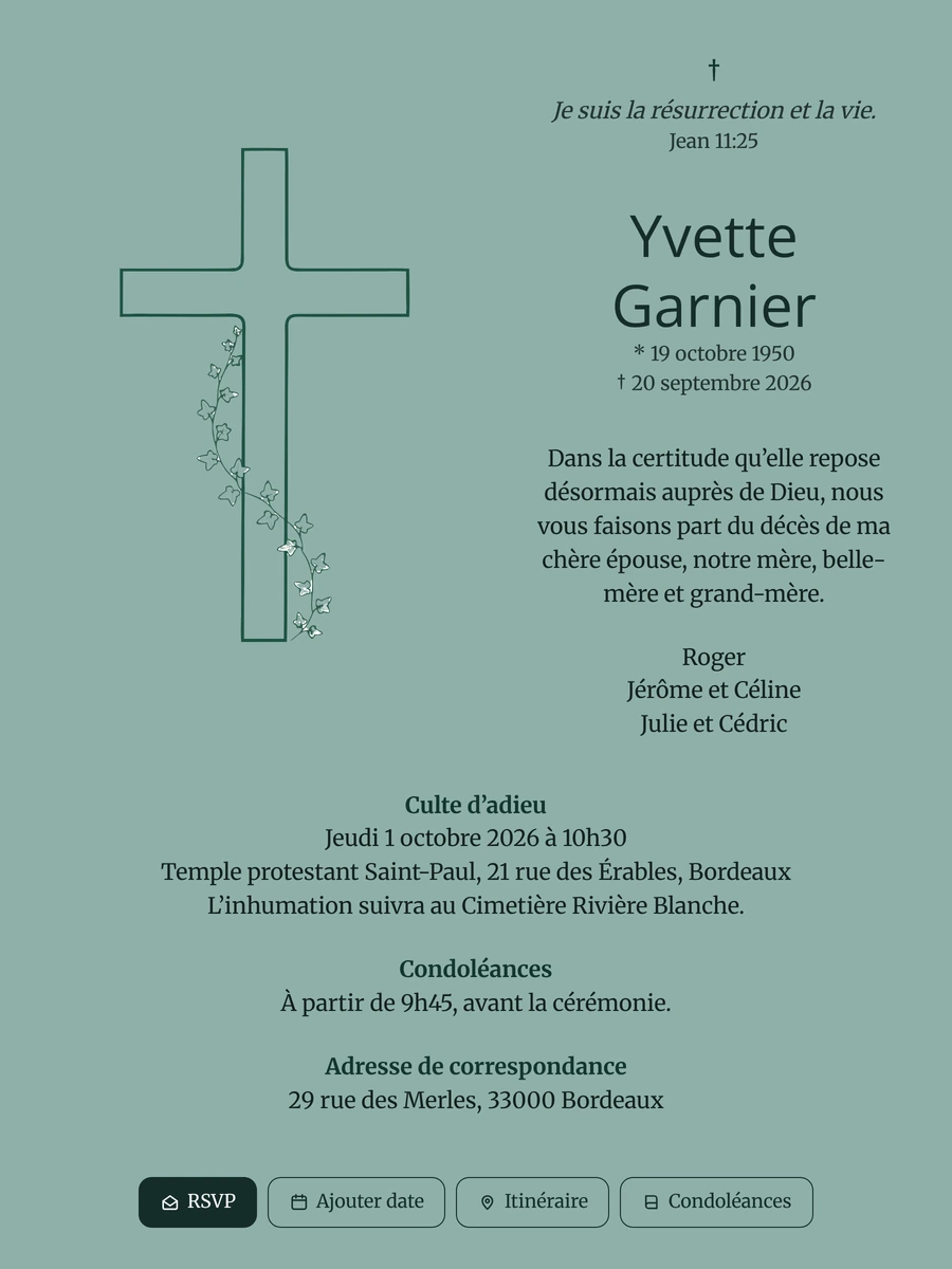 Faire-part avec croix dessinée et lierre