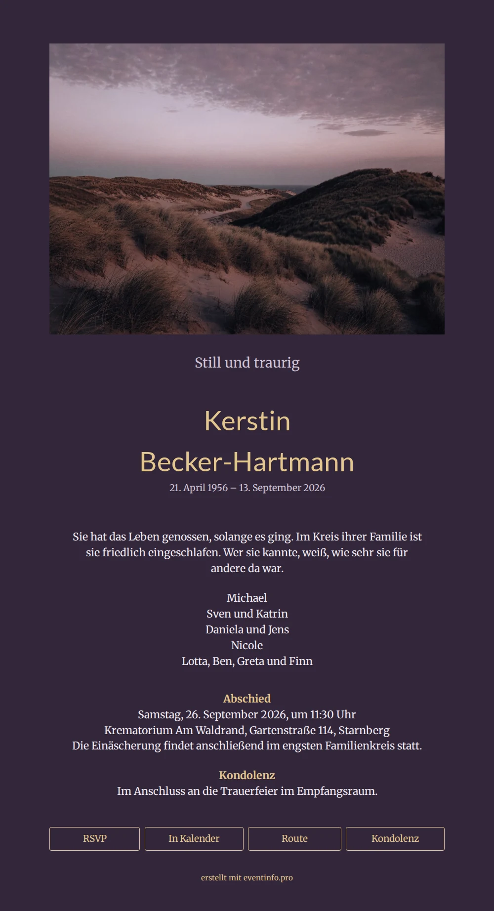 Trauerkarte mit Dünen im Abendlicht &ndash; example 1