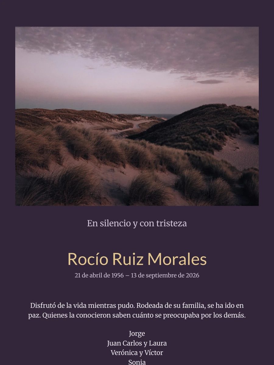 Esquela con dunas al atardecer