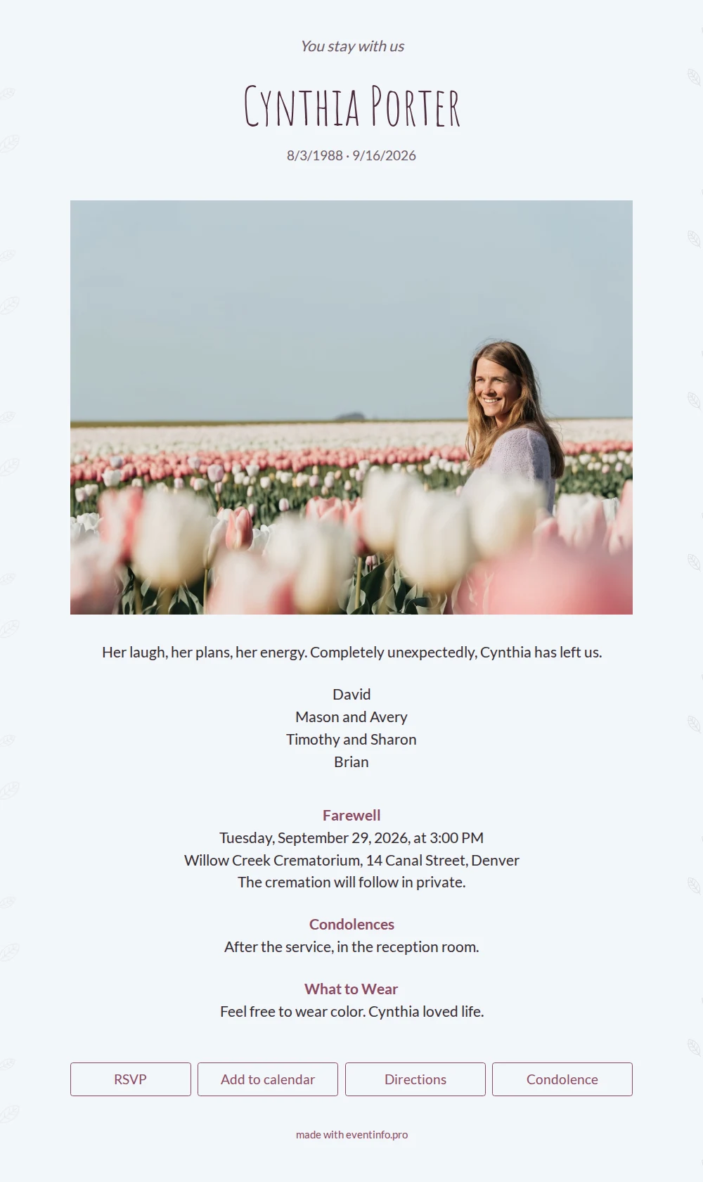 Ice-blue funeral card with hand-lettered name &ndash; example 1