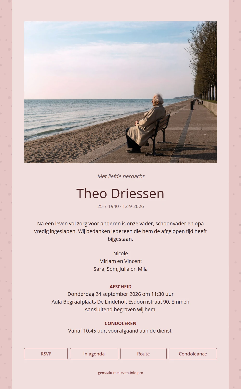Zachtroze rouwkaart met stippenrand &ndash; example 1