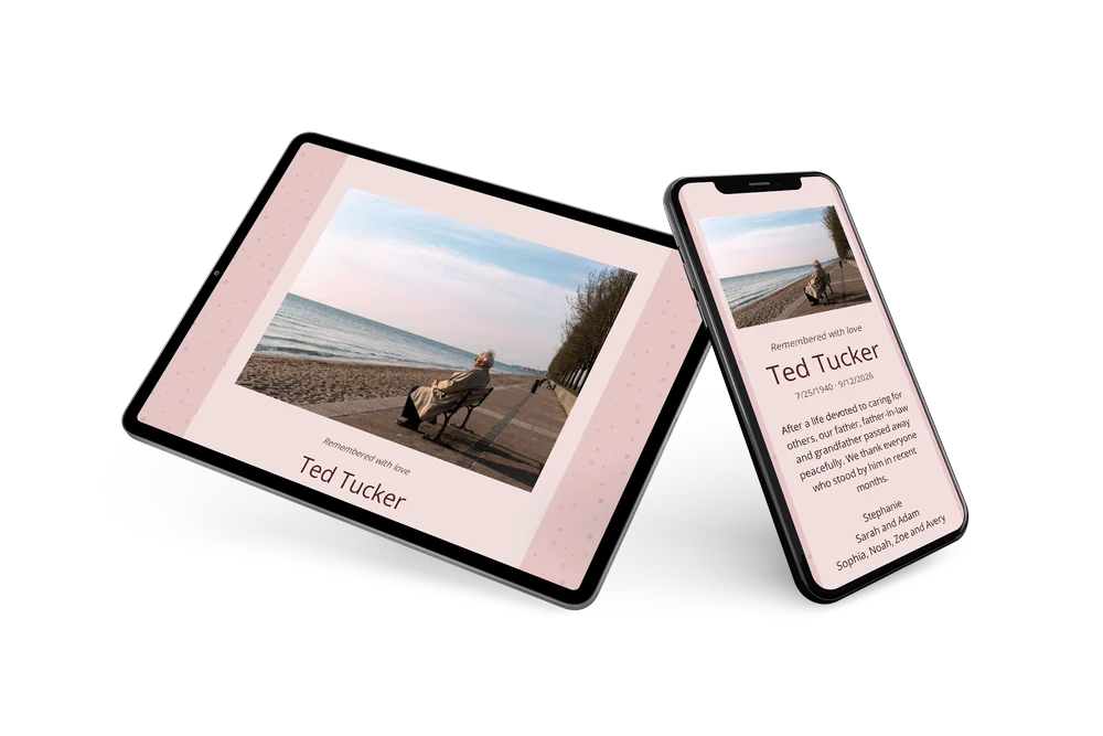 Soft pink dotted funeral card, one typeface &ndash; example 2