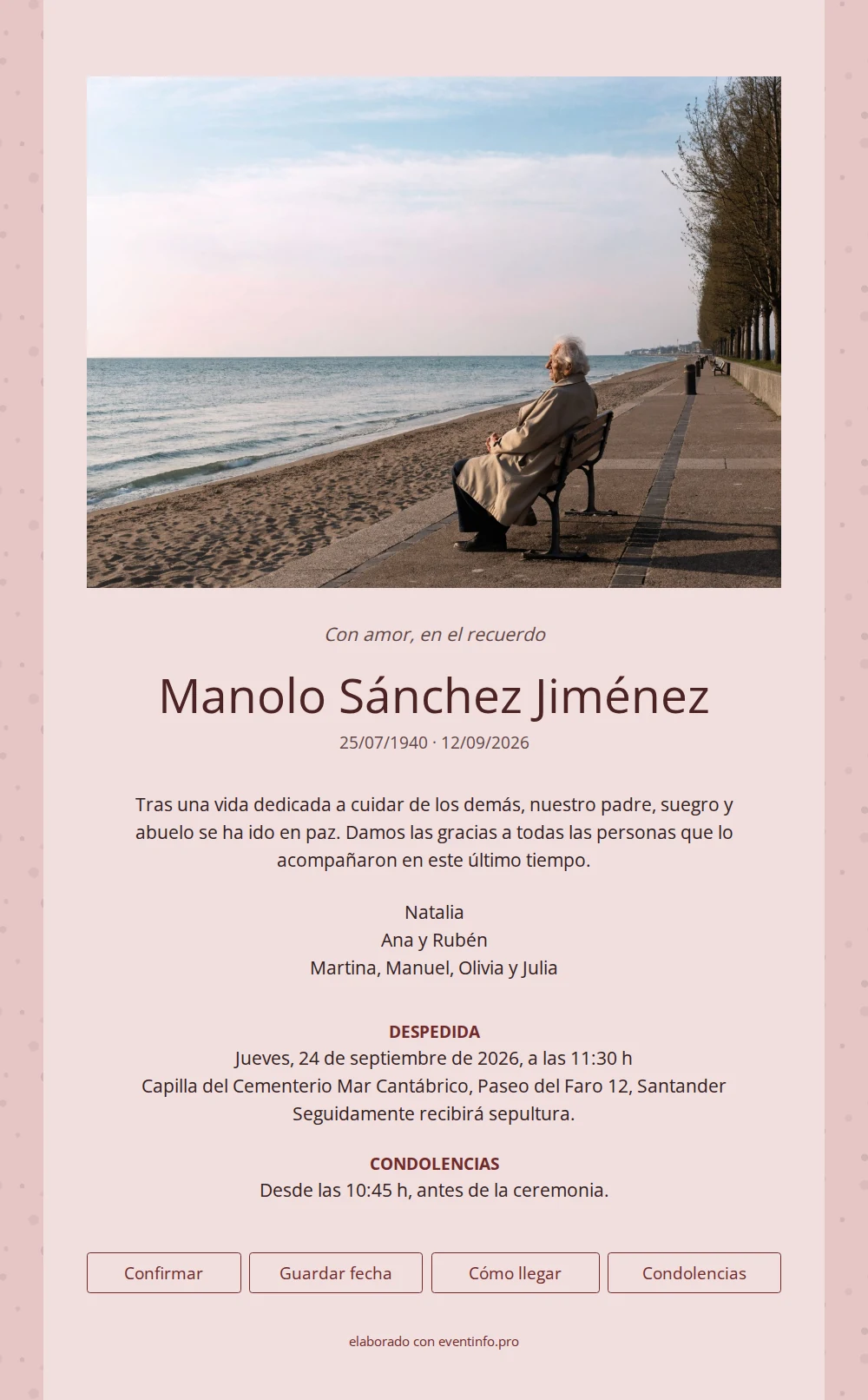 Esquela rosa palo con borde de lunares &ndash; example 1