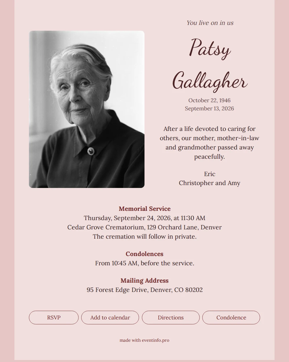 Rose funeral card with monochrome portrait &ndash; example 1