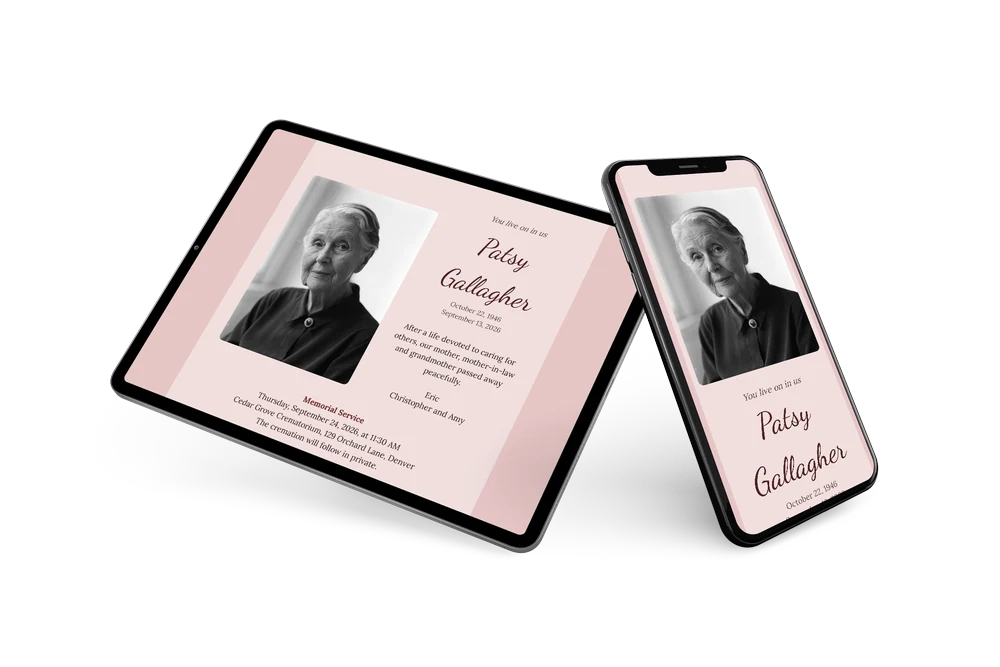 Rose funeral card with monochrome portrait &ndash; example 2