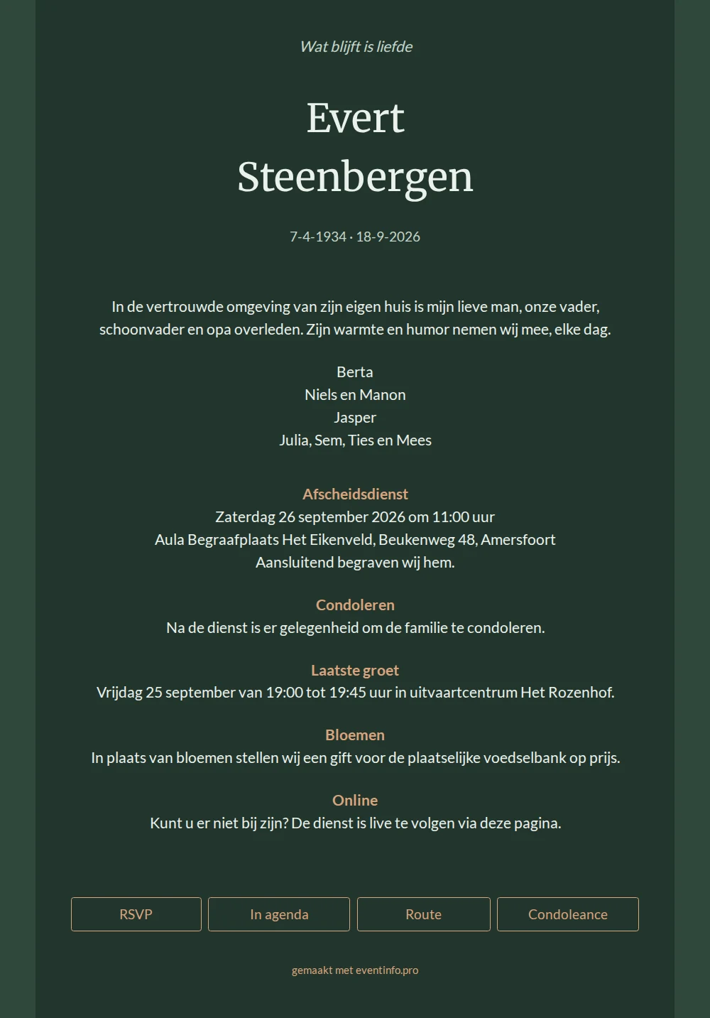 Donkergroene typografische rouwkaart met schreefletter &ndash; example 1