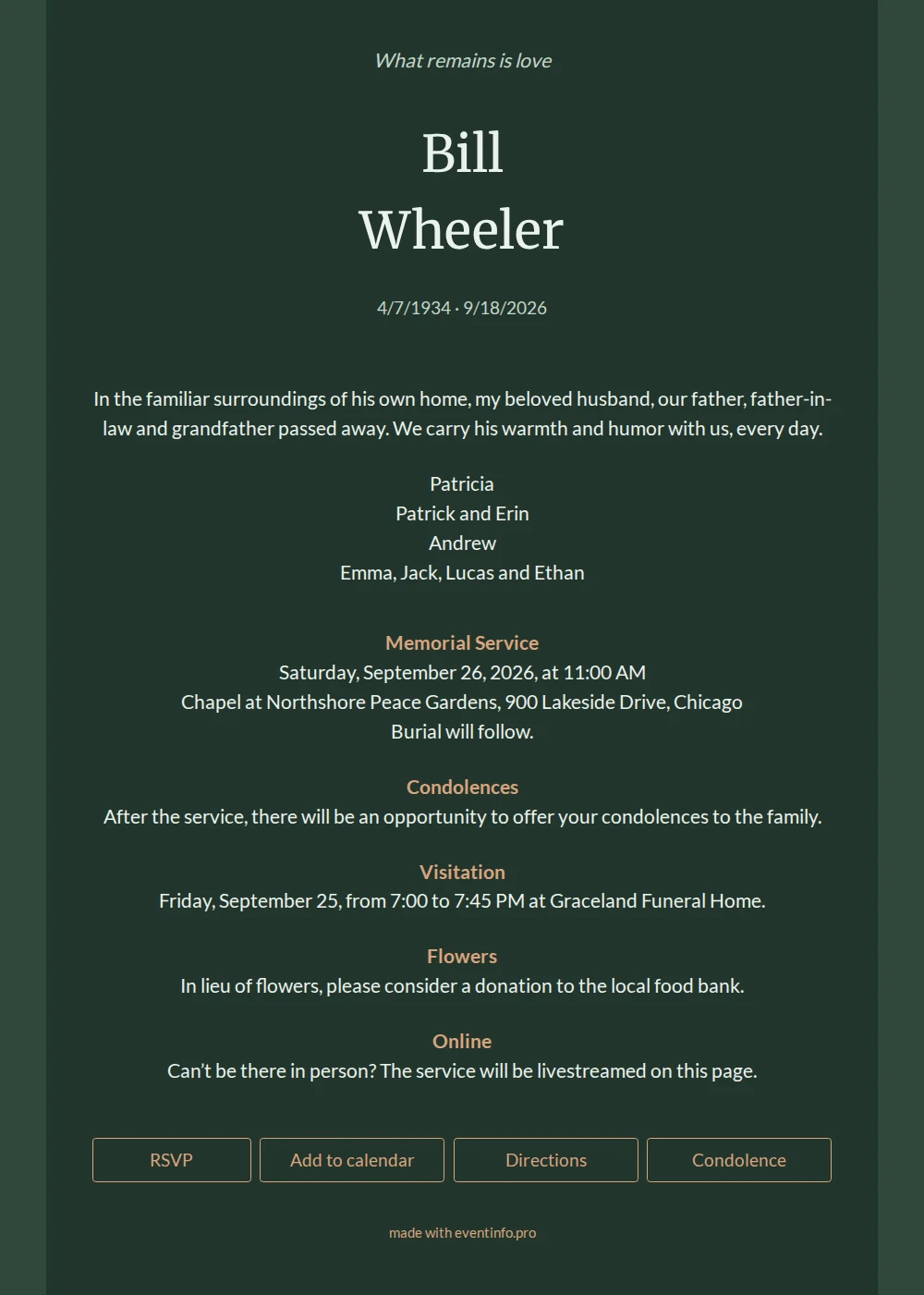 Dark green funeral card without photo &ndash; example 1