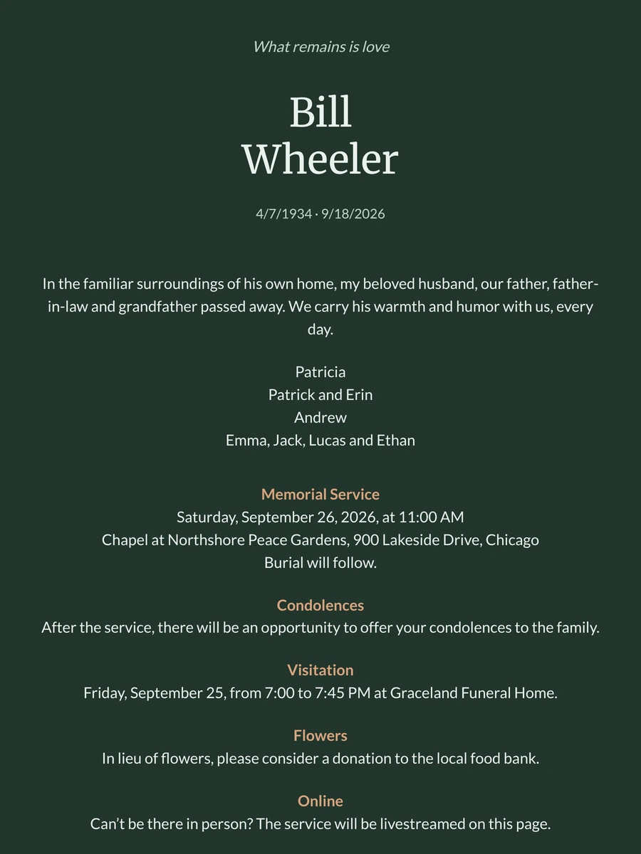 Dark green funeral card without photo