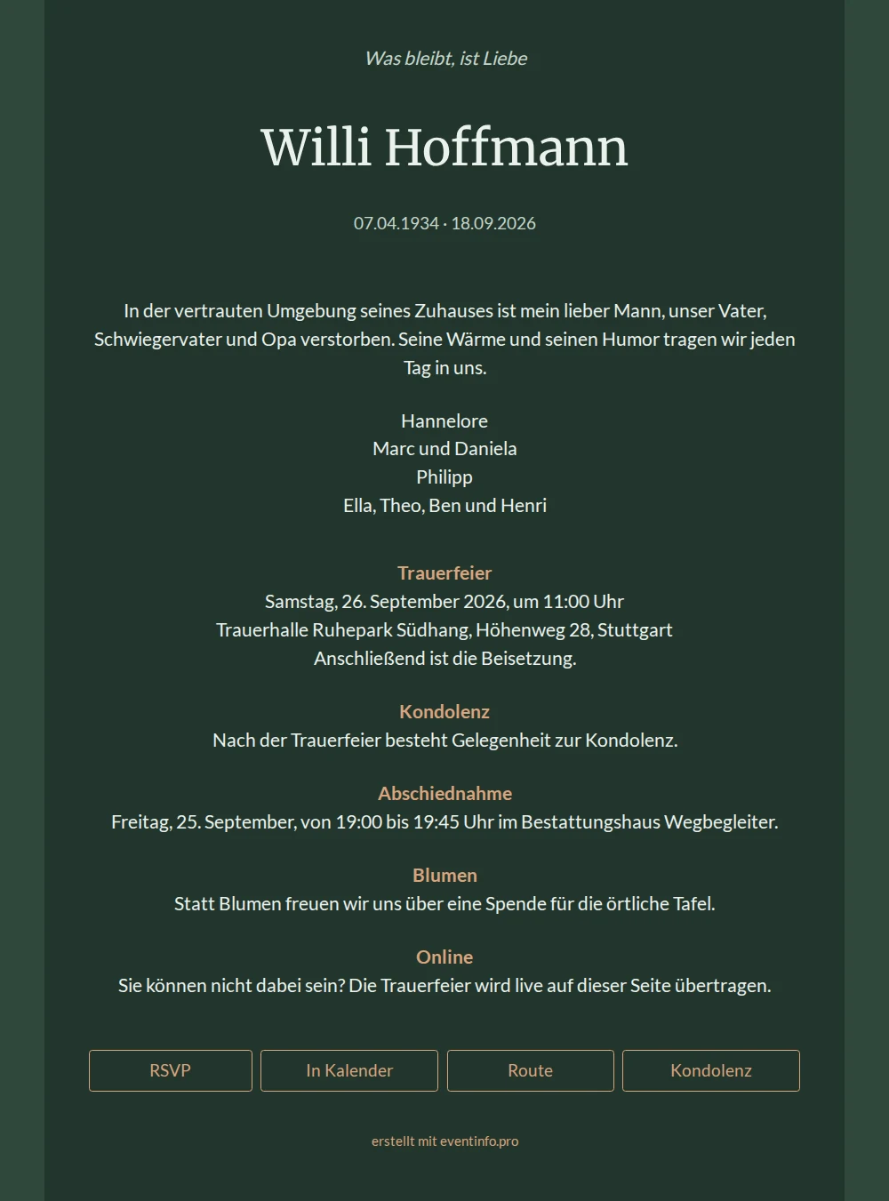 Dunkelgr&uuml;ne Trauerkarte mit reiner Typografie &ndash; example 1