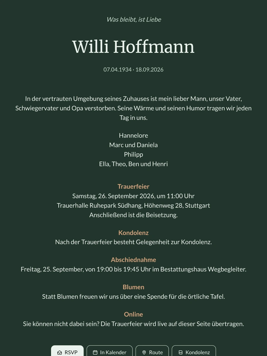 Dunkelgr&uuml;ne Trauerkarte mit reiner Typografie