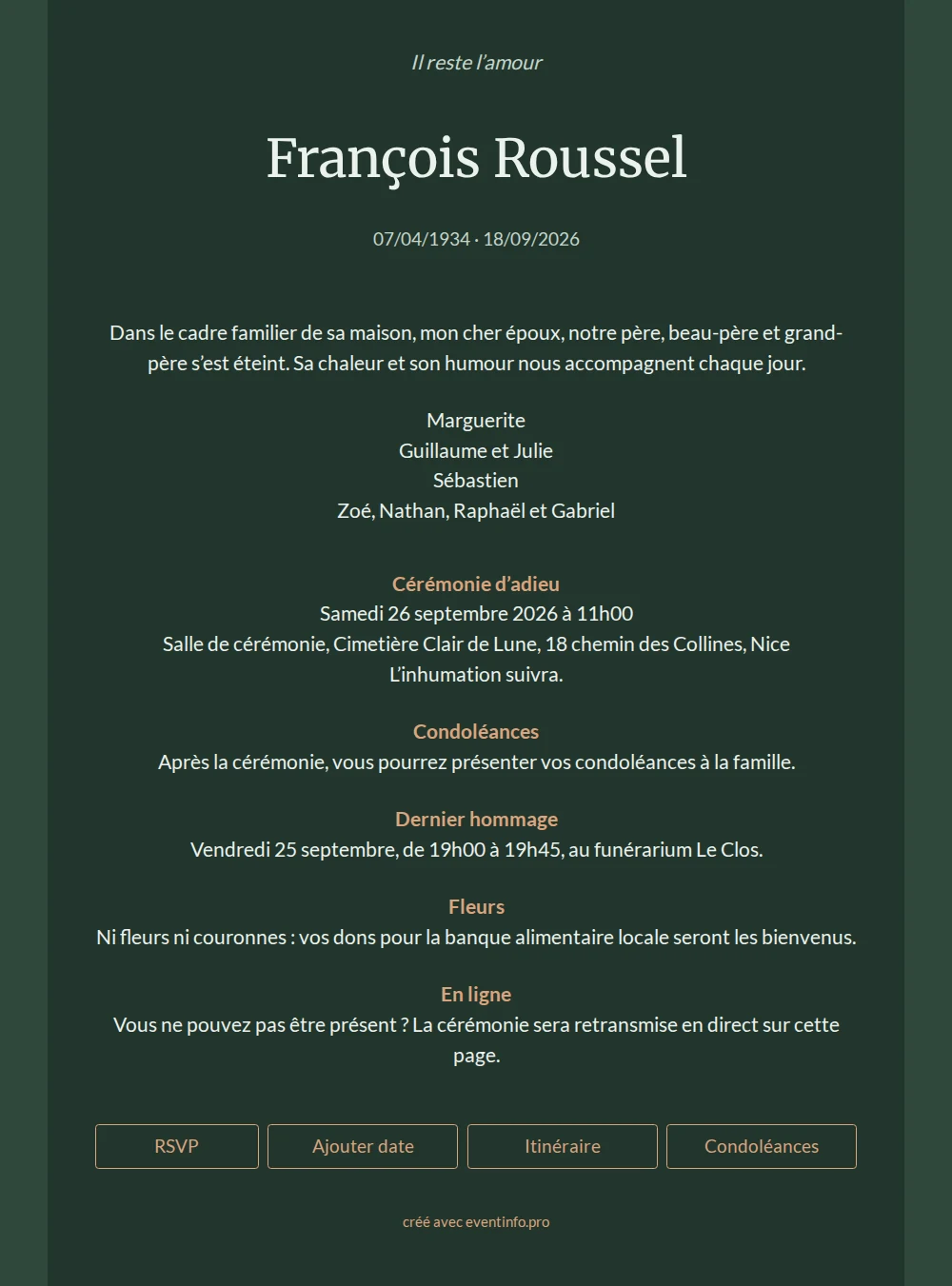 Faire-part de d&eacute;c&egrave;s typographique vert sombre &ndash; example 1
