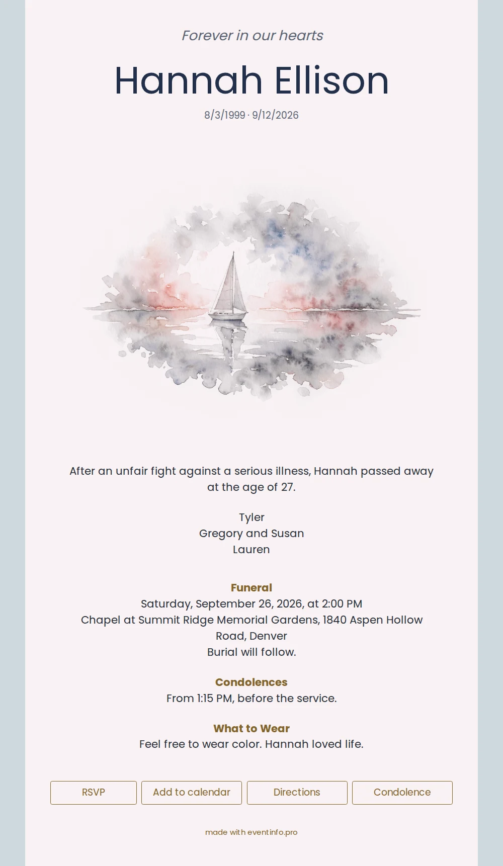 Blush funeral card with painted sailboat &ndash; example 1