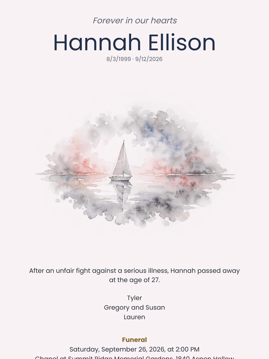 Blush funeral card with painted sailboat